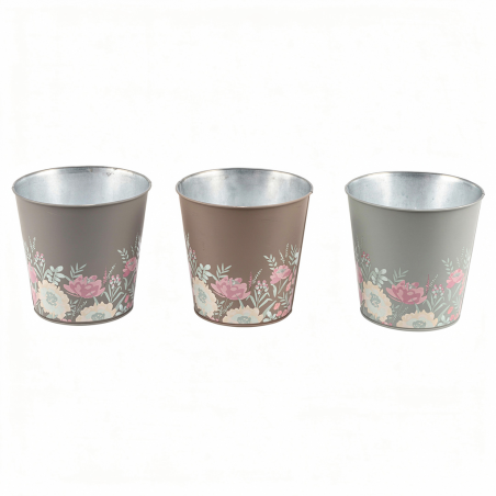 ZINC-C.POT FLEURS ASSORT GRIS/MARRON O13CM /15P