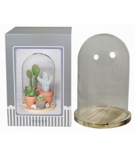 VERRE CLOCHE SUR PLATEAU BOIS Diam.20 H29CM /1P