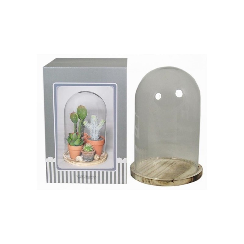 VERRE CLOCHE SUR PLATEAU BOIS Diam.20 H29CM /1P