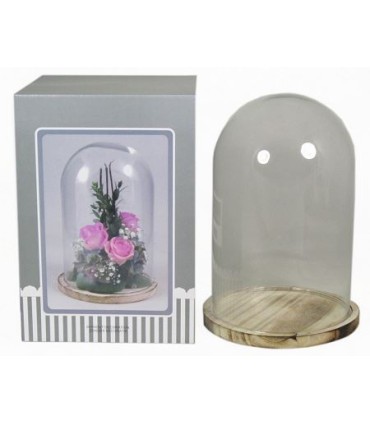 VERRE CLOCHE SUR PLATEAU BOIS Diam.15 H20CM/1P