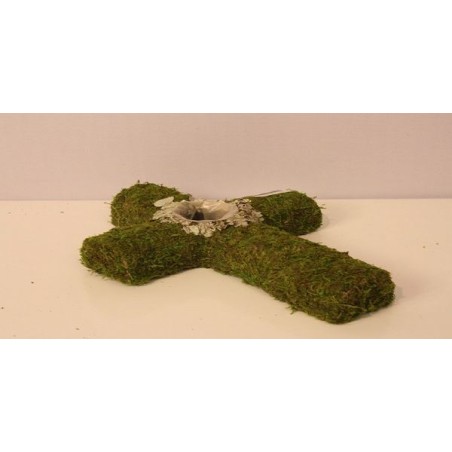 CROIX MOUSSE VERTE+FEUILLE 33CM/1P