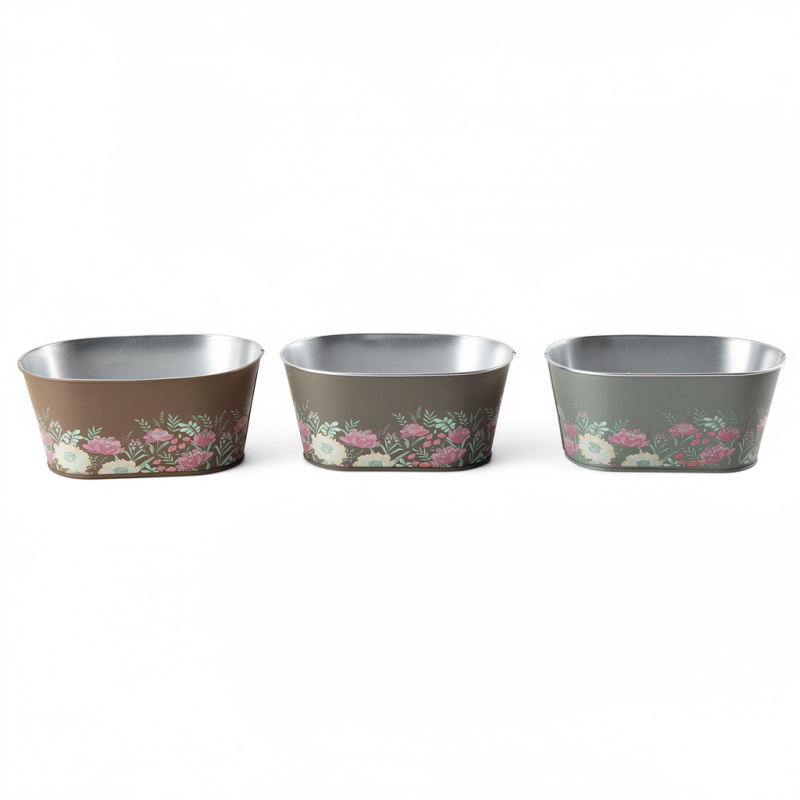 ZINC-JARDINIERE FLEURS ASSORT GRIS/MARRON L25.5CM /9P