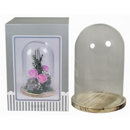 VERRE CLOCHE SUR PLATEAU BOIS Diam.15 H20CM/1P