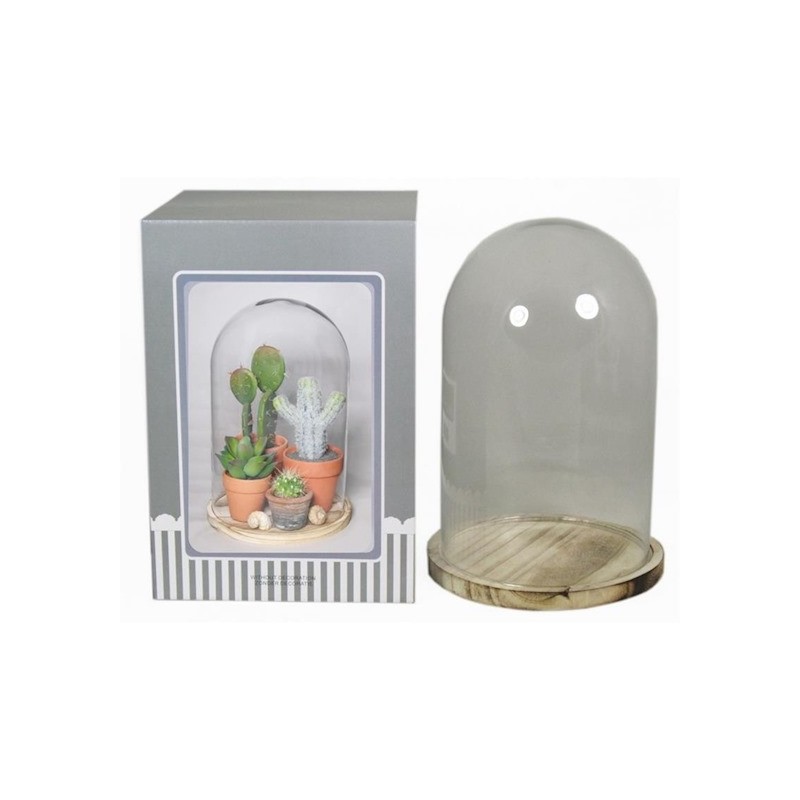 VERRE CLOCHE SUR PLATEAU BOIS Diam.20 H29CM /1P