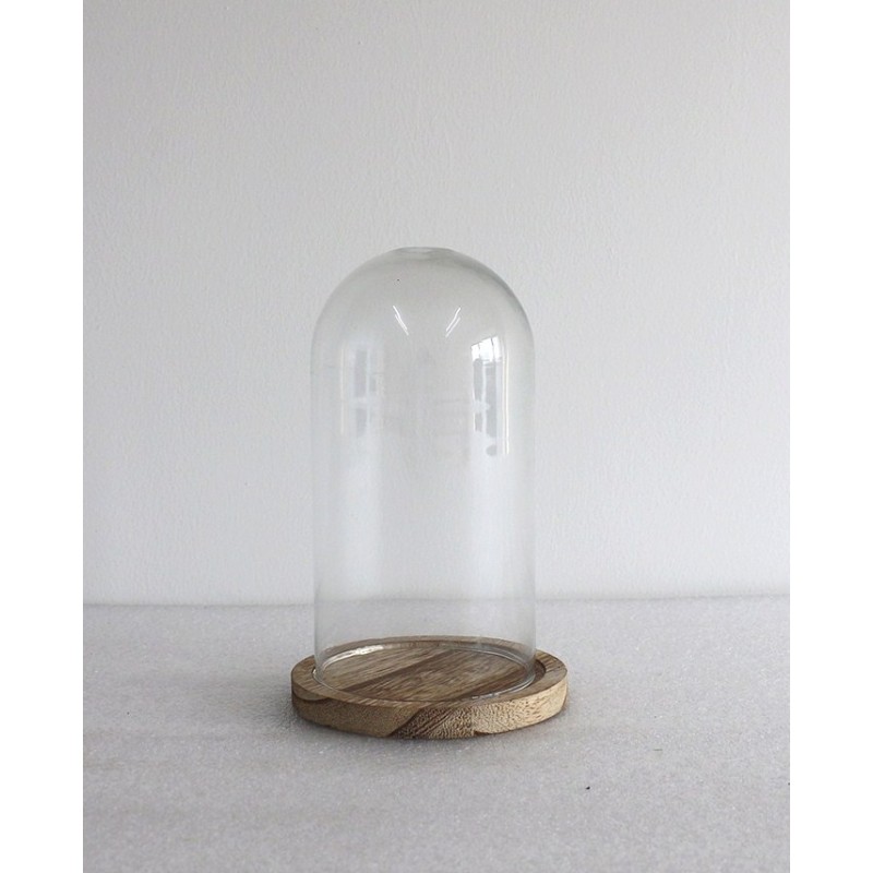 VERRE CLOCHE SUR PLATEAU BOIS Diam.13 H19CM/1P