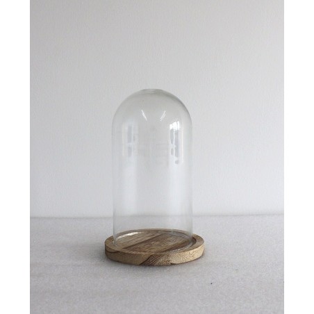 VERRE CLOCHE SUR PLATEAU BOIS Diam.13 H19CM/1P
