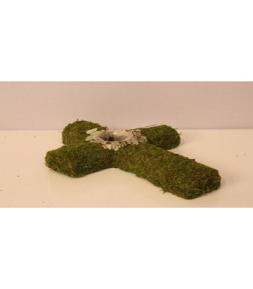 CROIX MOUSSE VERTE+FEUILLE 33CM/1P