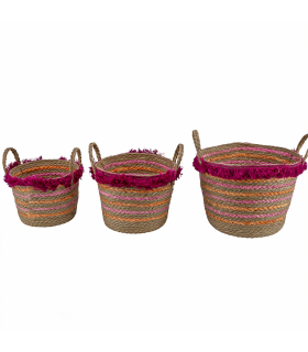 PANIER RAPHIA + ANSES NAT/ROSE/ORA O26 A 35CM SET 3P